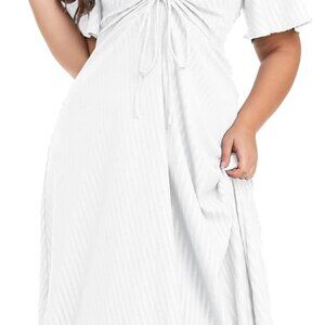 Plus Size Boho Midi Dress Textured Summer Wavey Short Sleeve V Neck